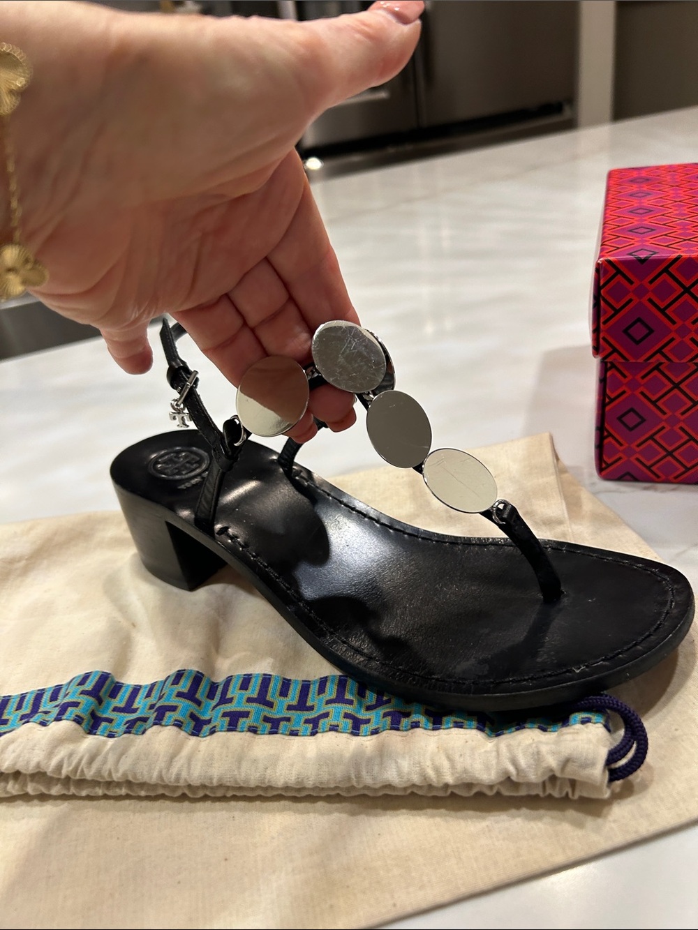 Tory Burch Patto silver disc 45 mm sandal, black leather with metal coins